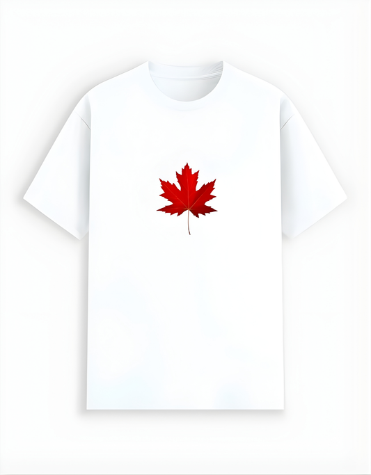 White t-shirt with a red maple leaf design on a white background
