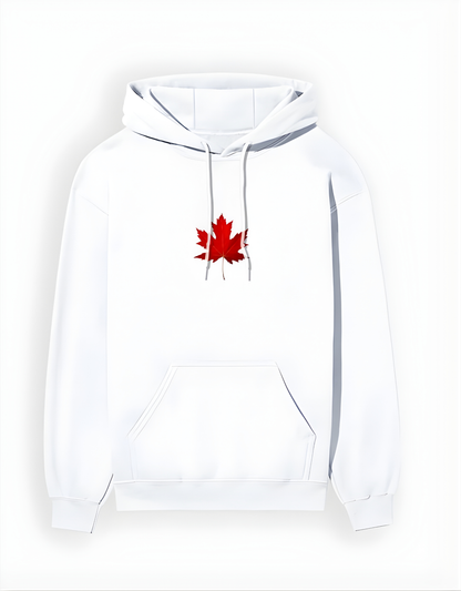 White hoodie with a red maple leaf design on a white background