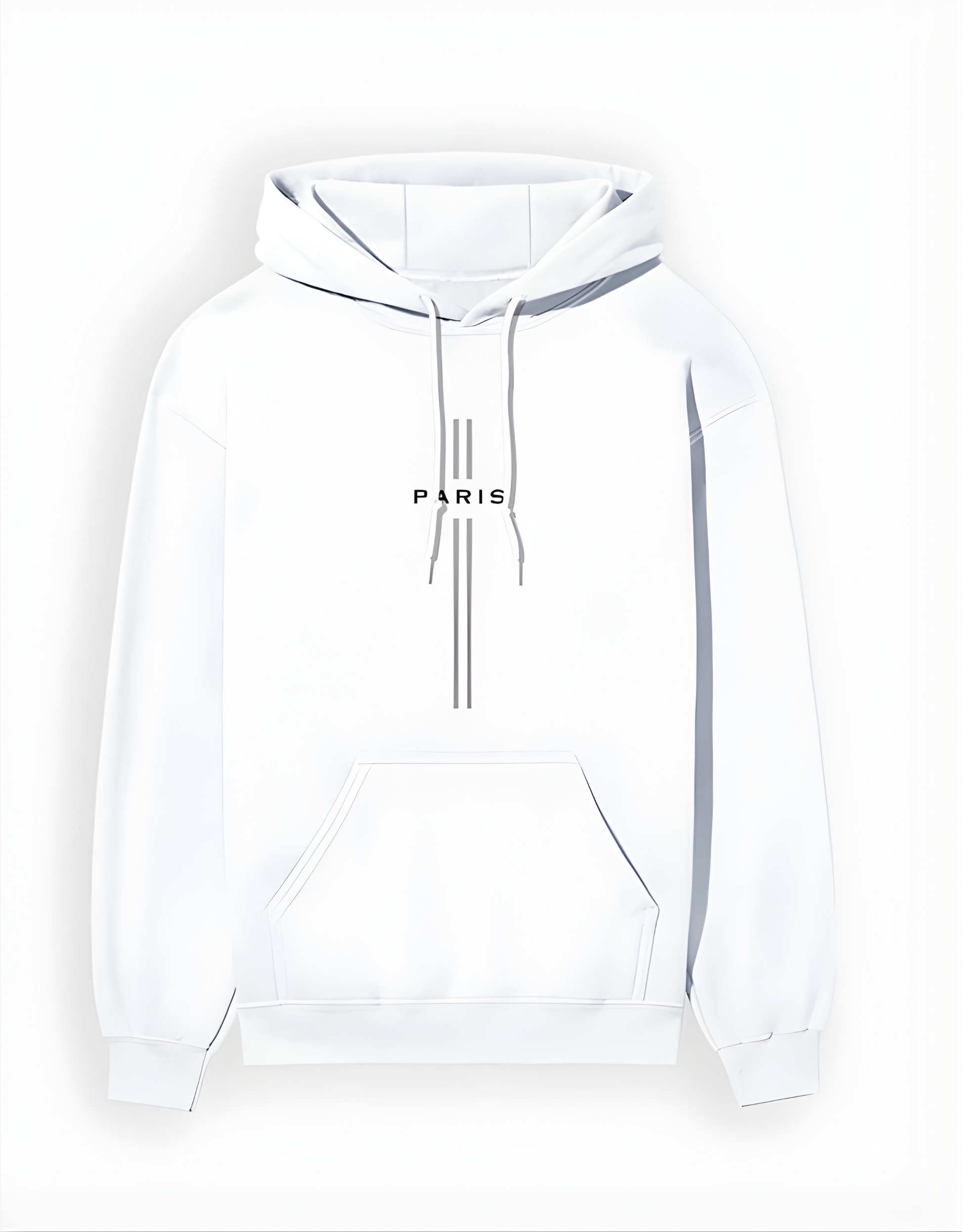 White hoodie with 'PARIS' text on a white background