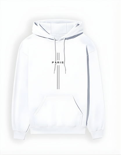 White hoodie with 'PARIS' text on a white background