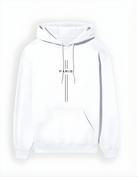 White hoodie with 'PARIS' text on a white background
