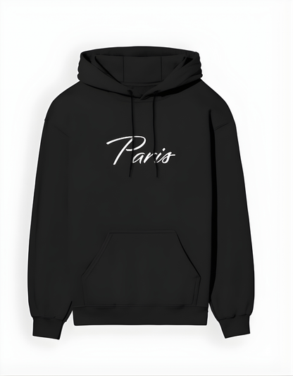 Black hoodie with 'Paris' text on a white background