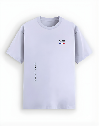 Light purple t-shirt with text and flag design on a white background