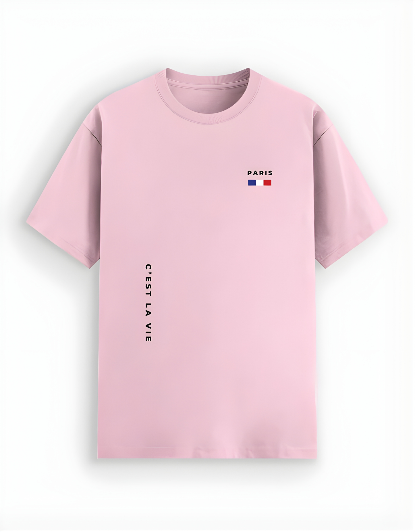 Pink t-shirt with text and a flag on a white background