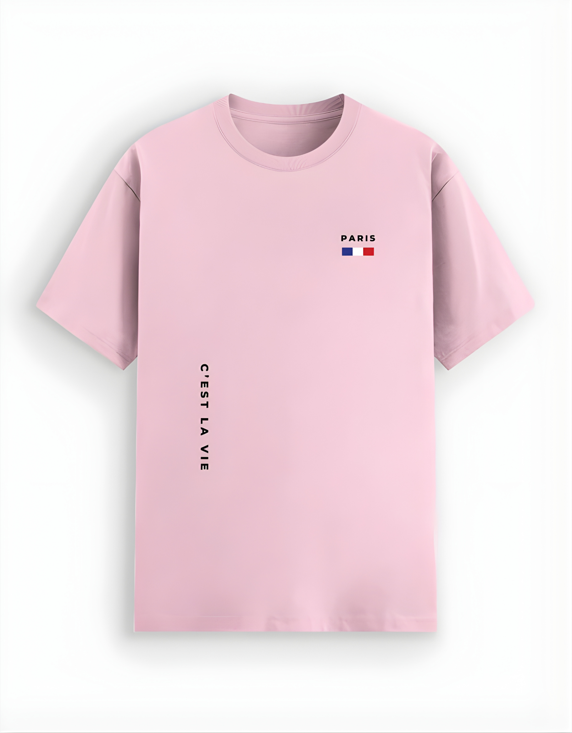 Pink t-shirt with text and a flag on a white background