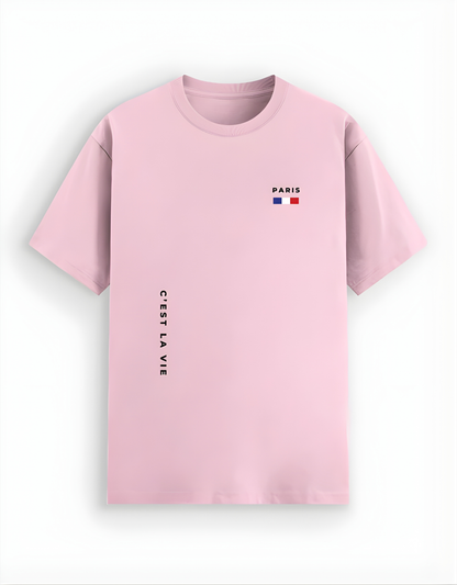 Pink t-shirt with text and a flag on a white background