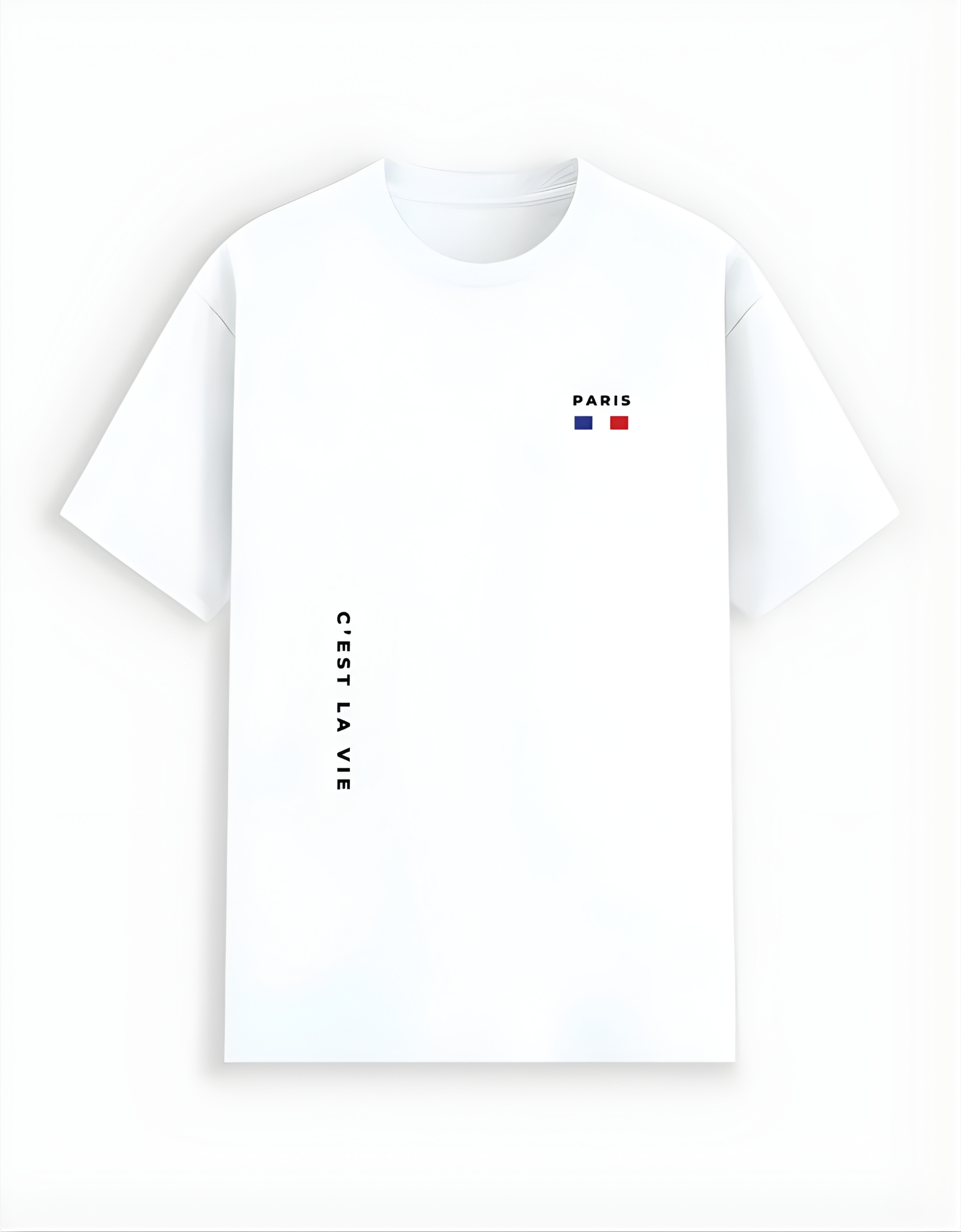 White t-shirt with text and a flag design on a white background