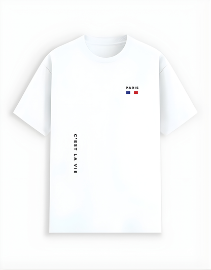 White t-shirt with text and a flag design on a white background