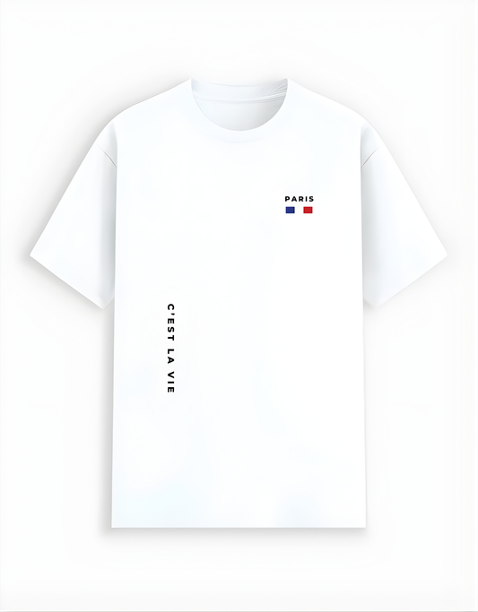 White t-shirt with text and a flag design on a white background