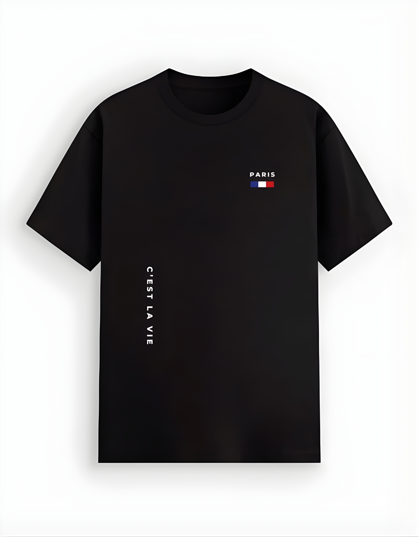 Black t-shirt with 'PARIS' and flag design on a white background