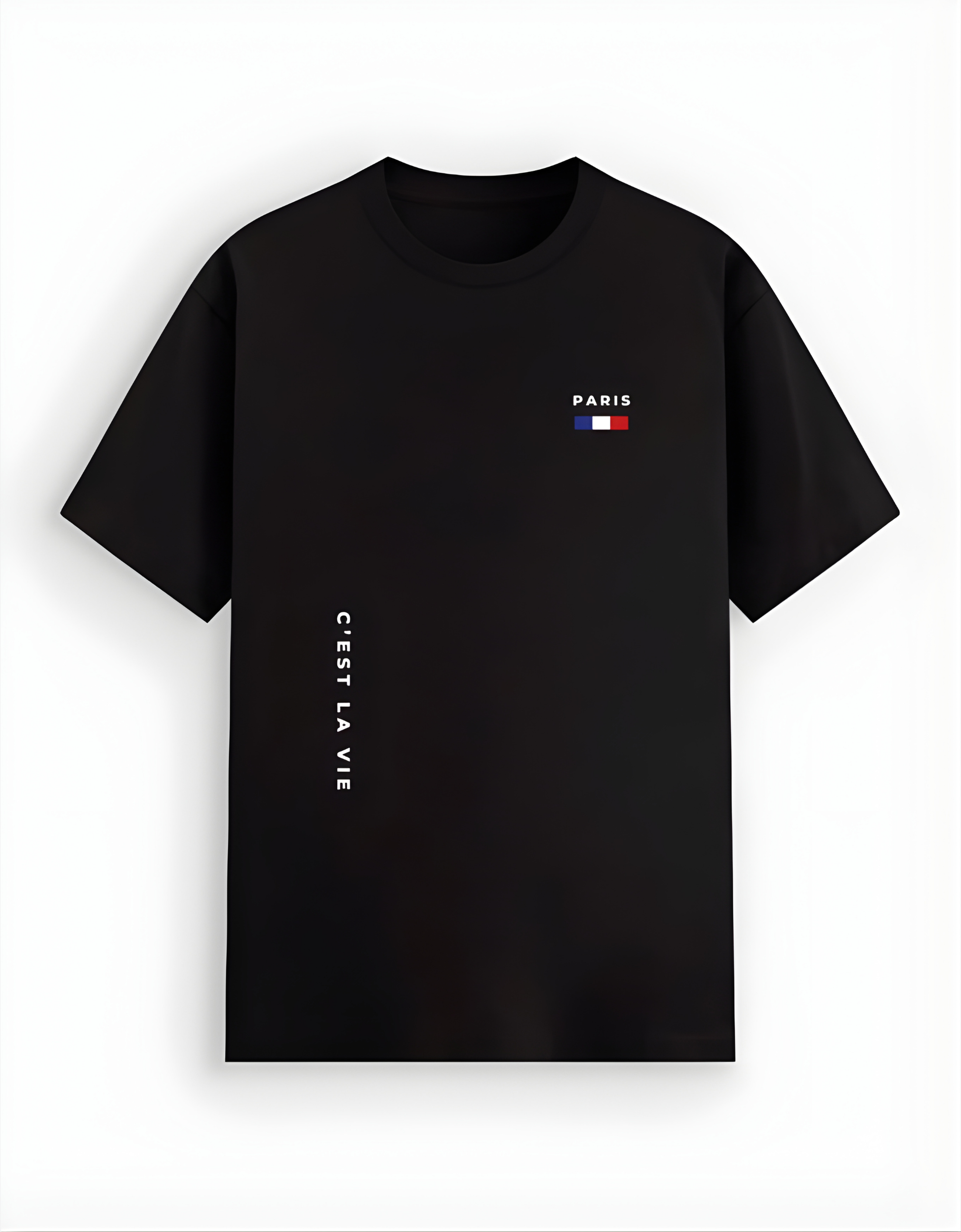 Black t-shirt with 'PARIS' and flag design on a white background