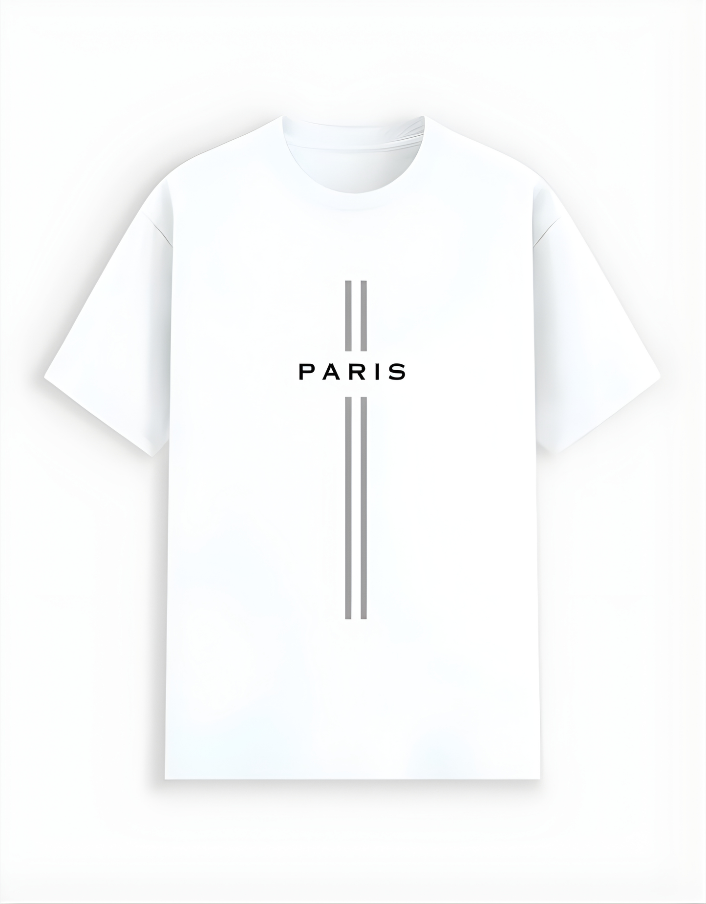 White t-shirt with 'PARIS' text on a white background