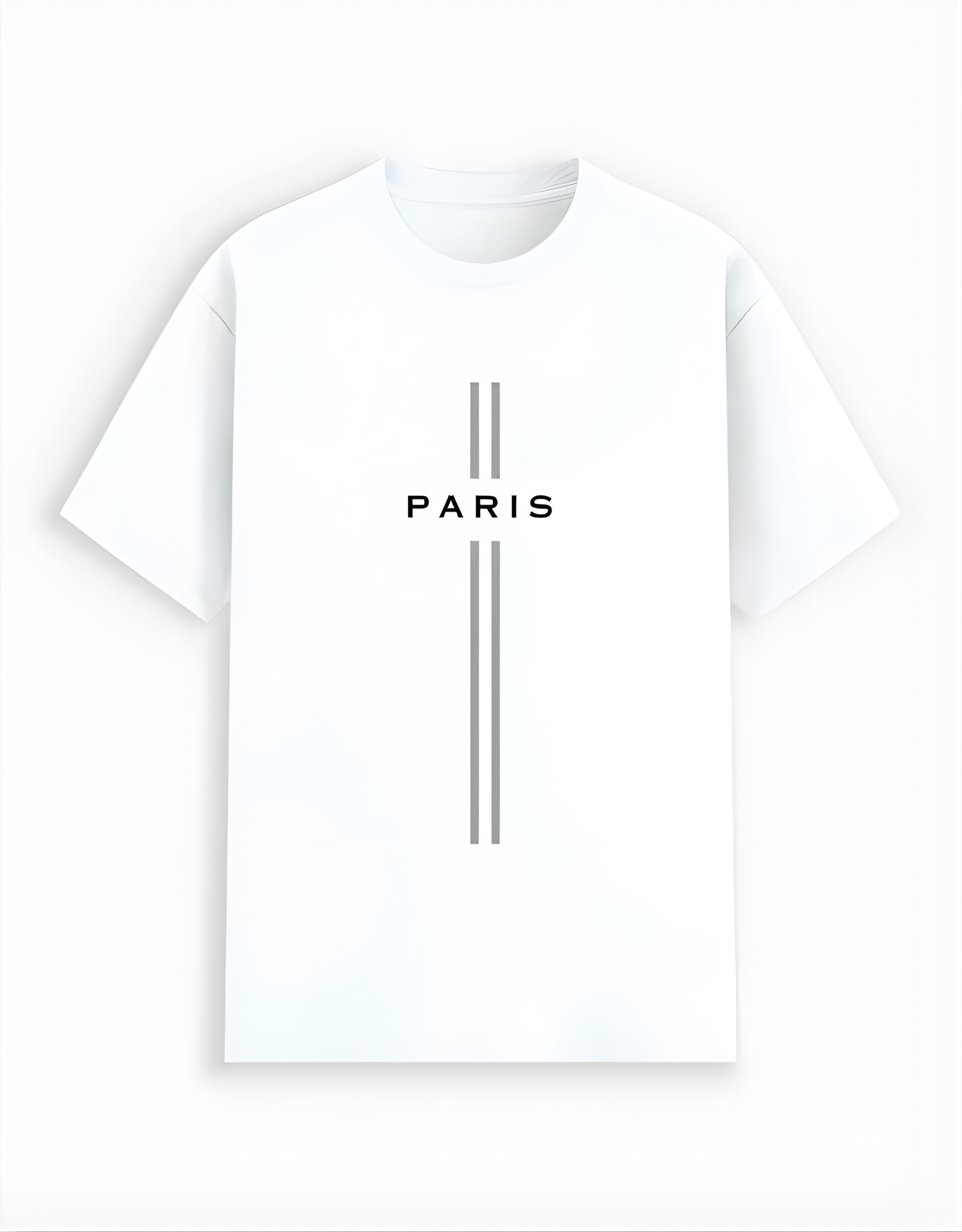 White t-shirt with 'PARIS' text on a white background