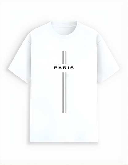 White t-shirt with 'PARIS' text on a white background