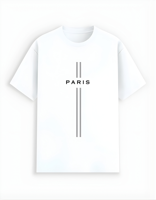 White t-shirt with 'PARIS' text on a white background