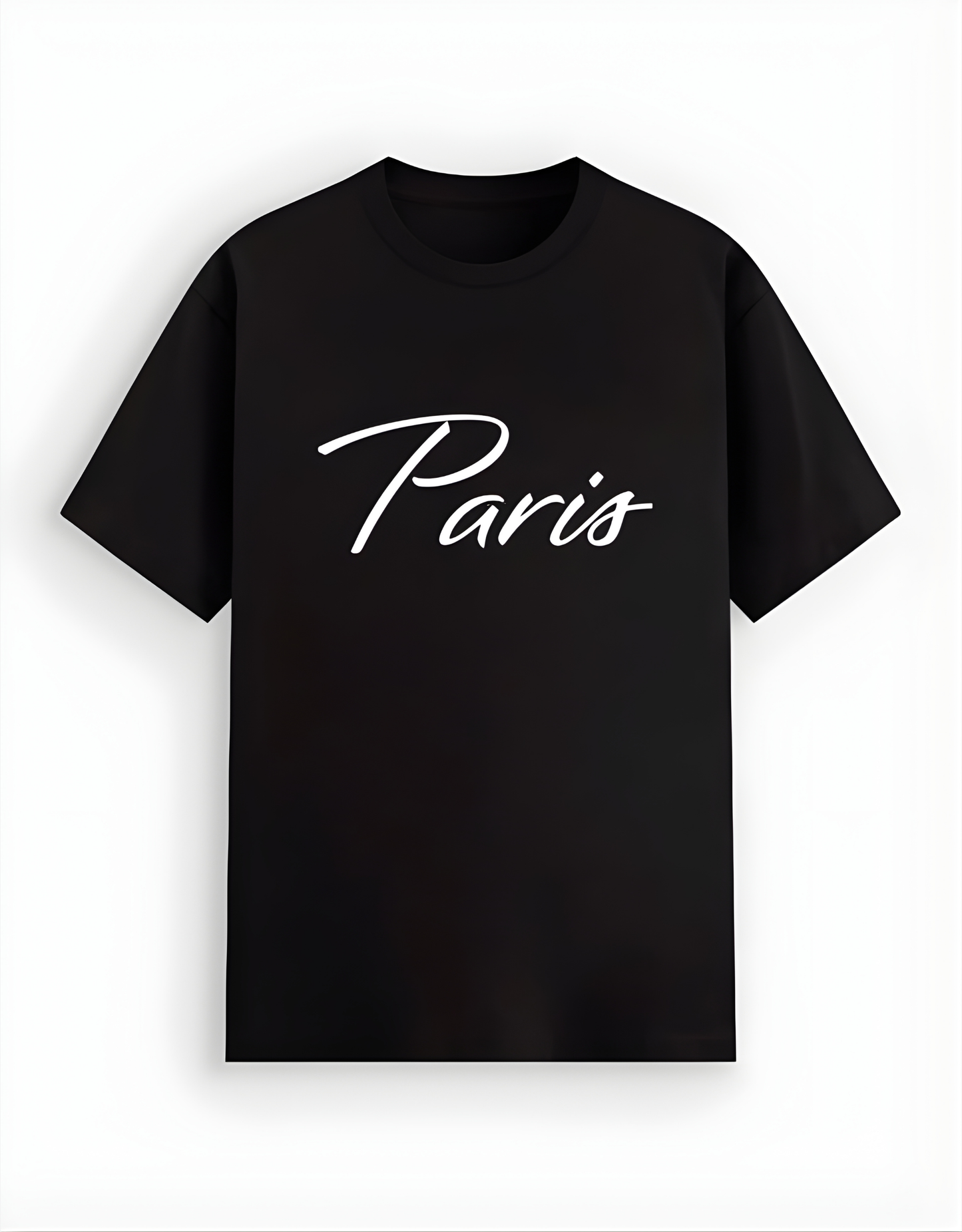 Black t-shirt with 'Paris' text on a white background