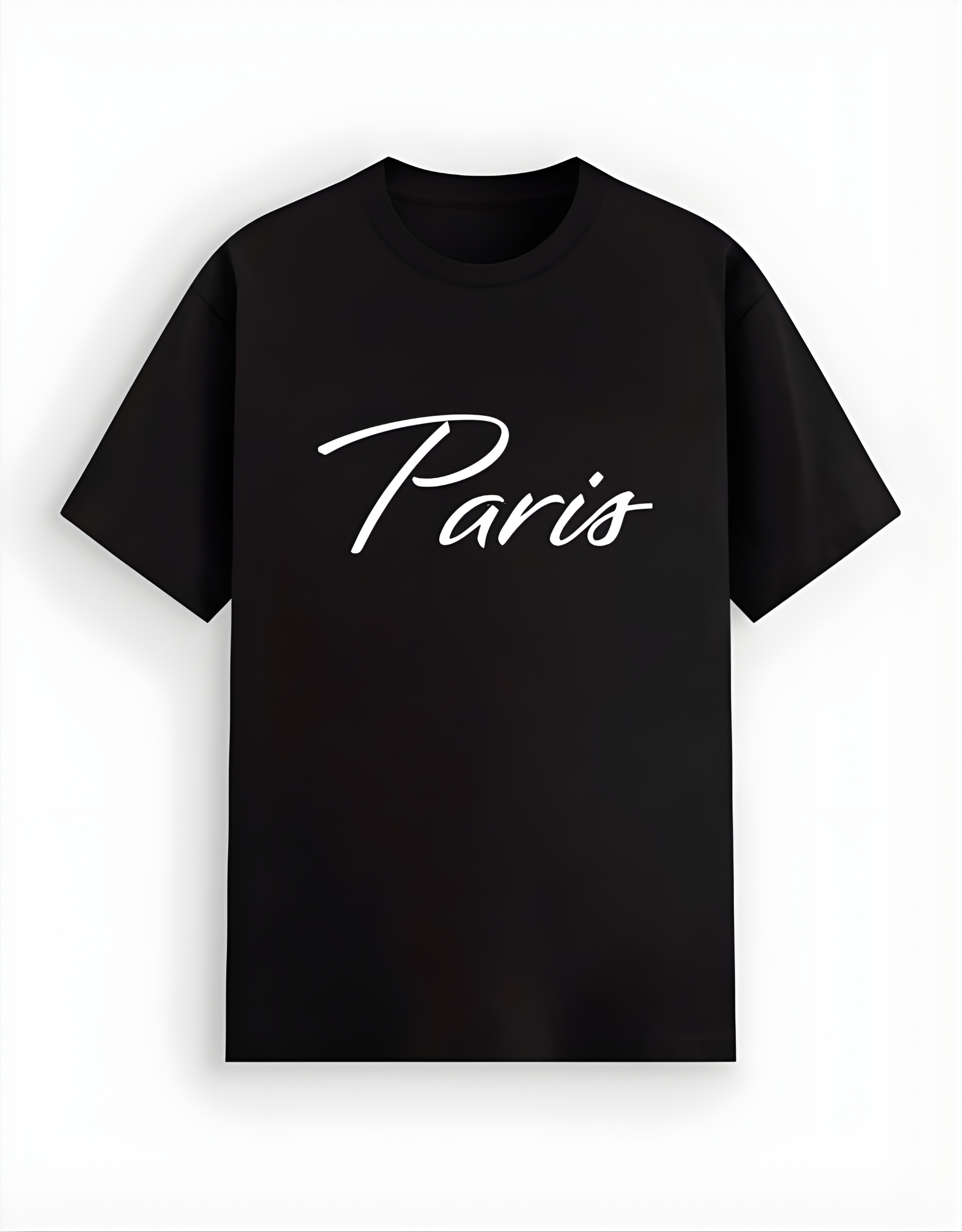 Black t-shirt with 'Paris' text on a white background