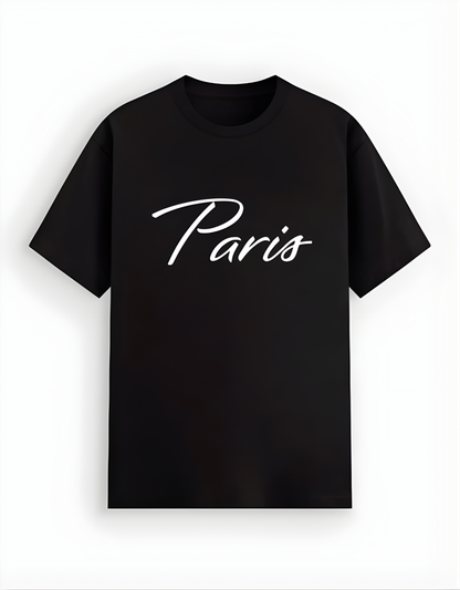 Black t-shirt with 'Paris' text on a white background