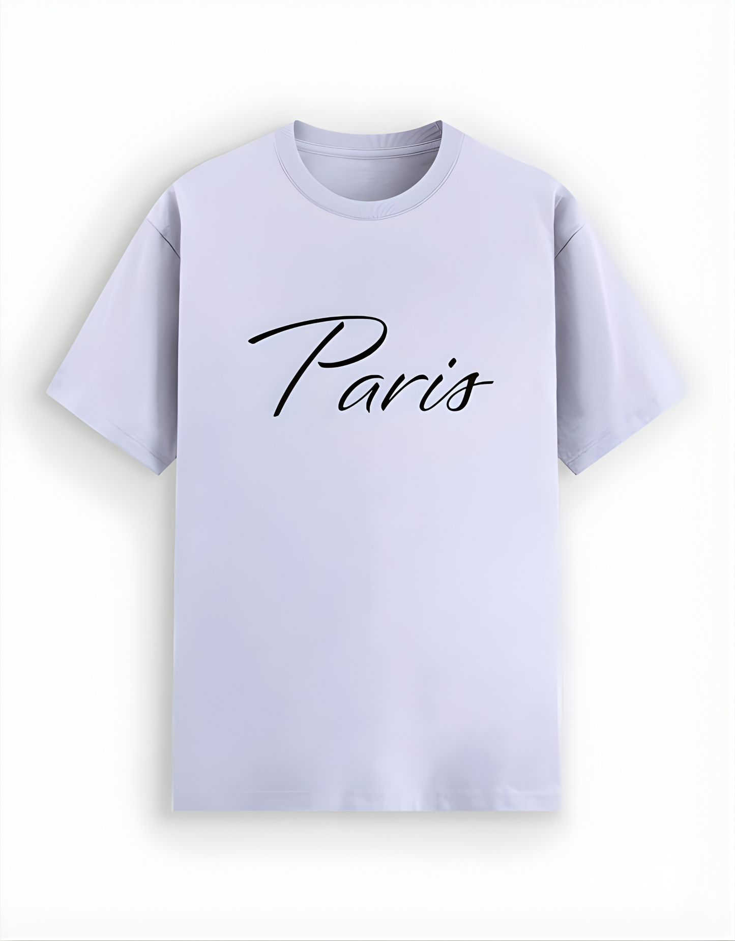 Light purple t-shirt with 'Paris' text on a white background
