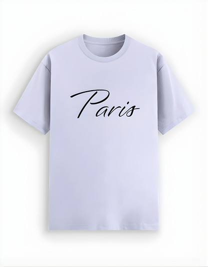 Light purple t-shirt with 'Paris' text on a white background