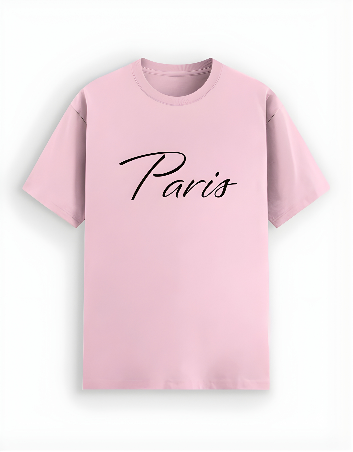 Pink t-shirt with 'Paris' text on a white background
