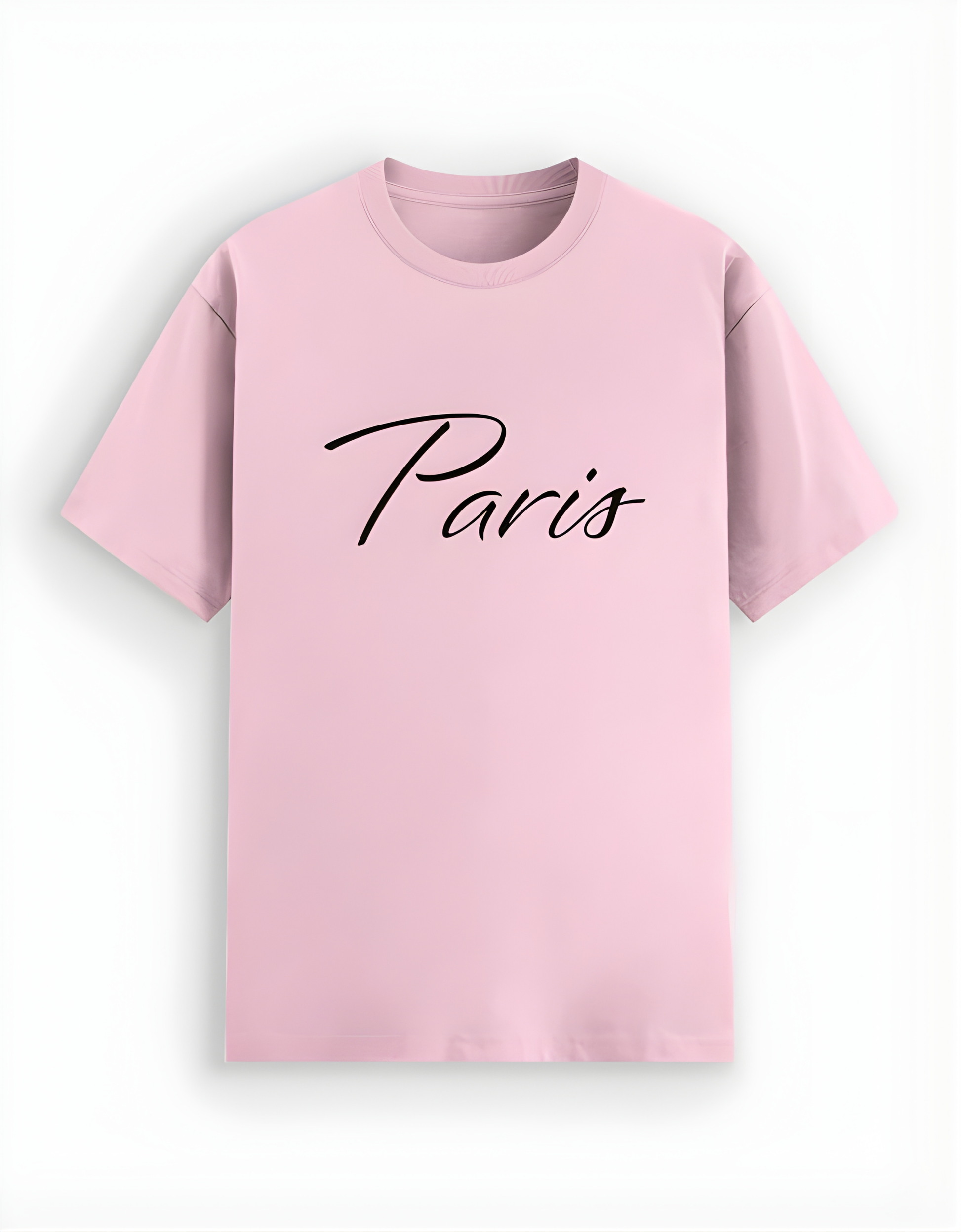 Pink t-shirt with 'Paris' text on a white background