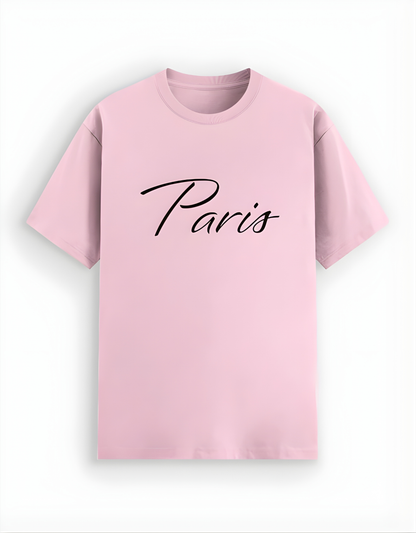 Pink t-shirt with 'Paris' text on a white background
