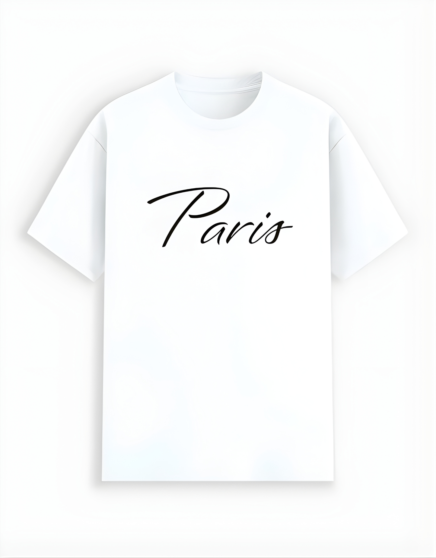 White t-shirt with 'Paris' text on a white background