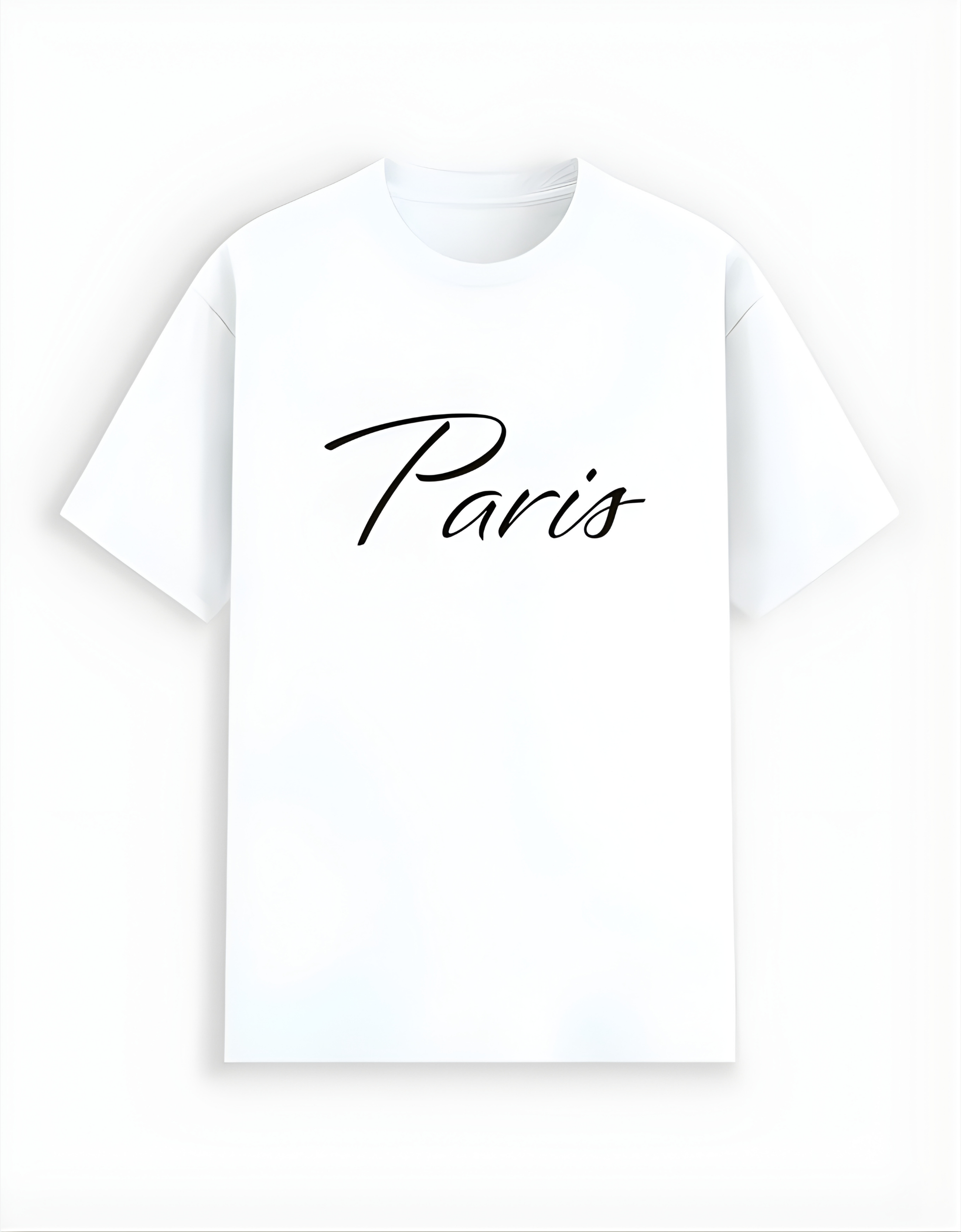 White t-shirt with 'Paris' text on a white background