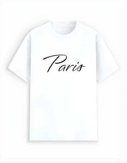 White t-shirt with 'Paris' text on a white background