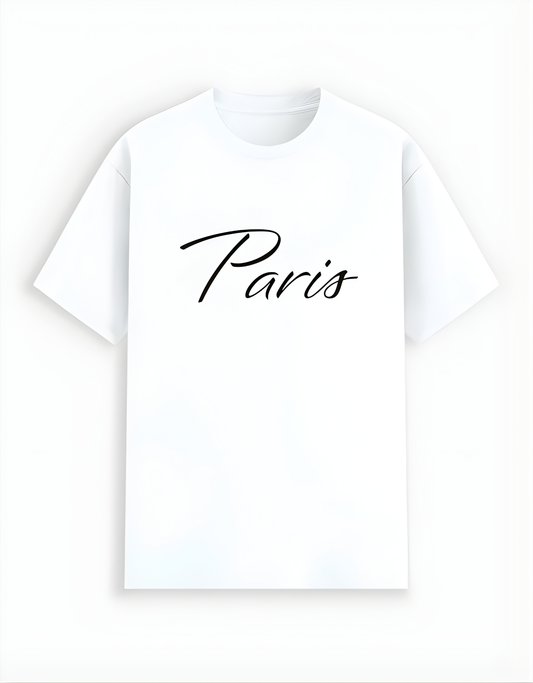White t-shirt with 'Paris' text on a white background