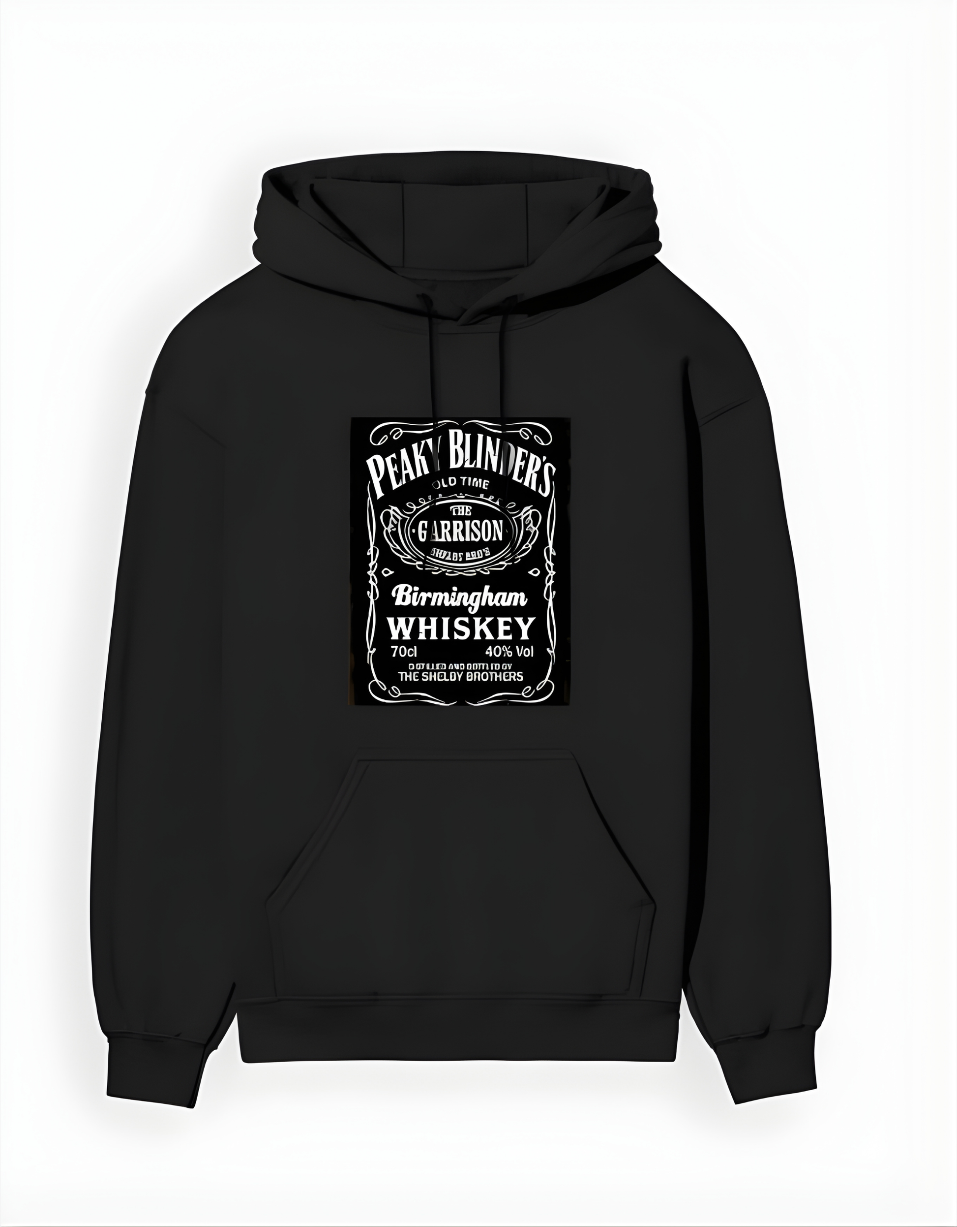 Black hoodie with 'Peaky Blinders' whiskey label design on a white background