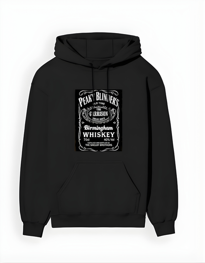 Black hoodie with 'Peaky Blinders' whiskey label design on a white background