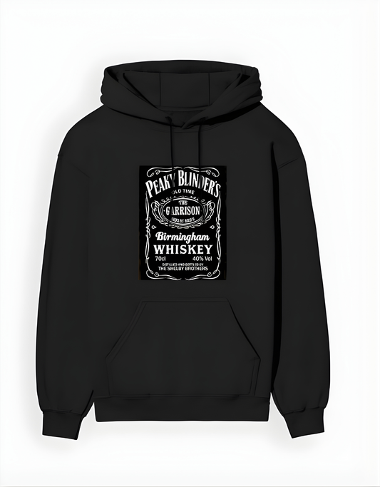 Black hoodie with 'Peaky Blinders' whiskey label design on a white background