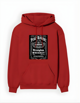 Red hoodie with Peaky Blinders Birmingham Whiskey label design on a white background