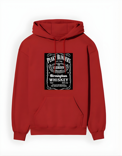 Red hoodie with Peaky Blinders Birmingham Whiskey label design on a white background