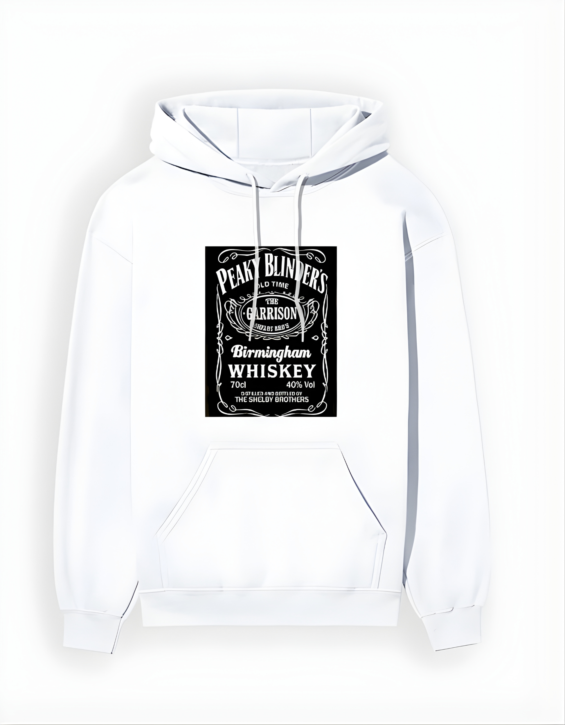White hoodie with a black graphic design on a white background