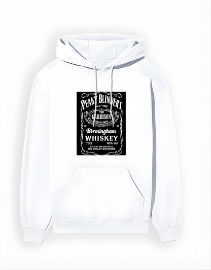 White hoodie with a black graphic design on a white background