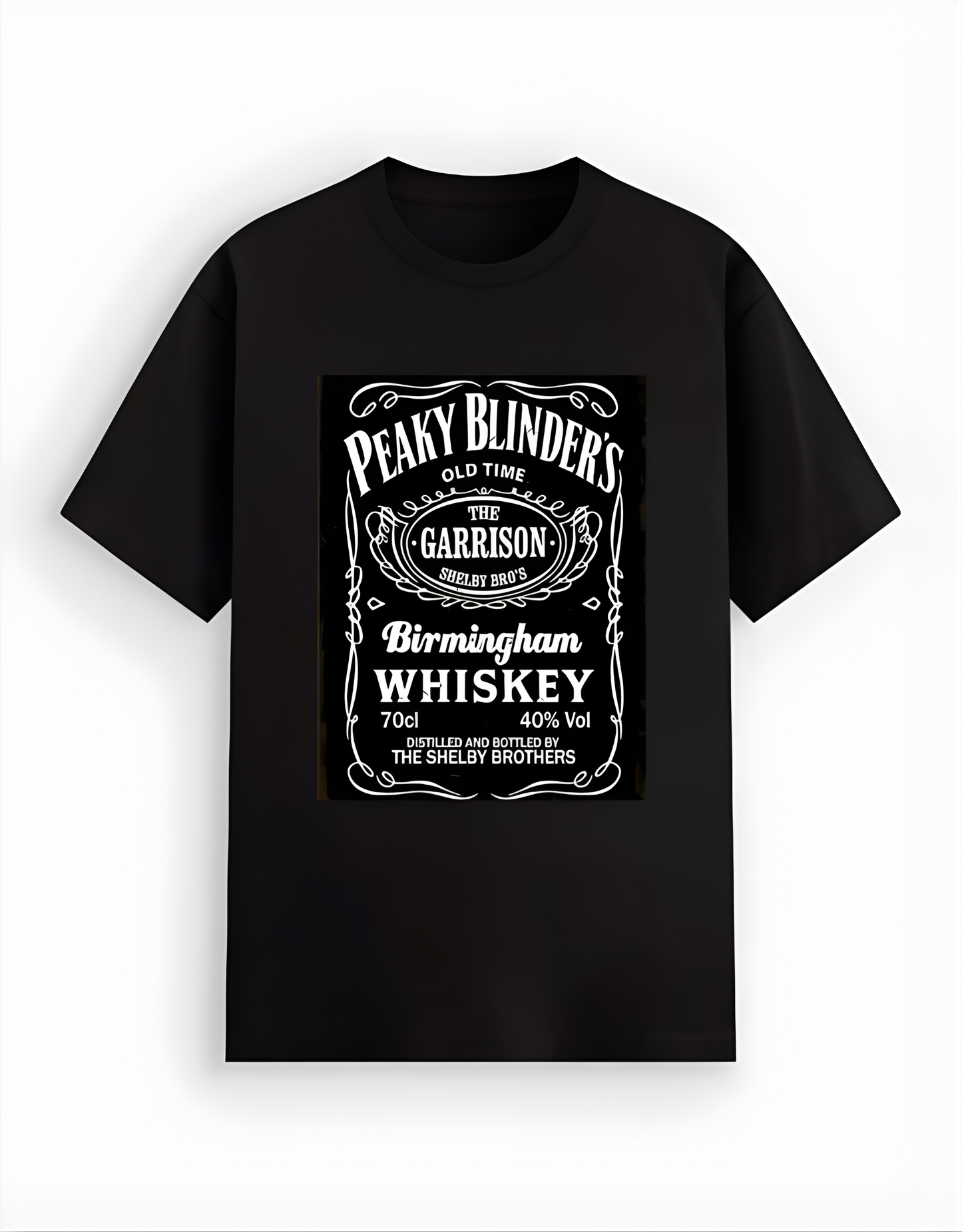 Black t-shirt with Peaky Blinder's Birmingham Whiskey design on a white background