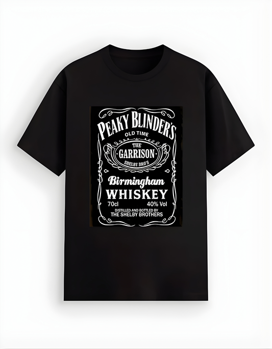 Black t-shirt with Peaky Blinder's Birmingham Whiskey design on a white background