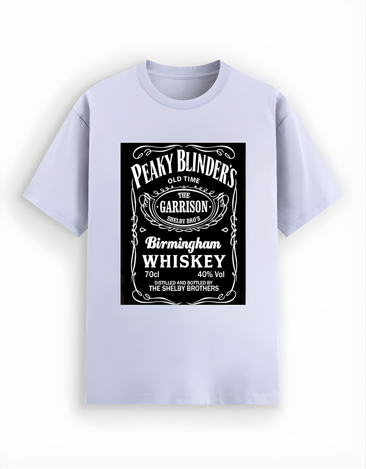 Light purple t-shirt with Peaky Blinders whiskey label design on a white background