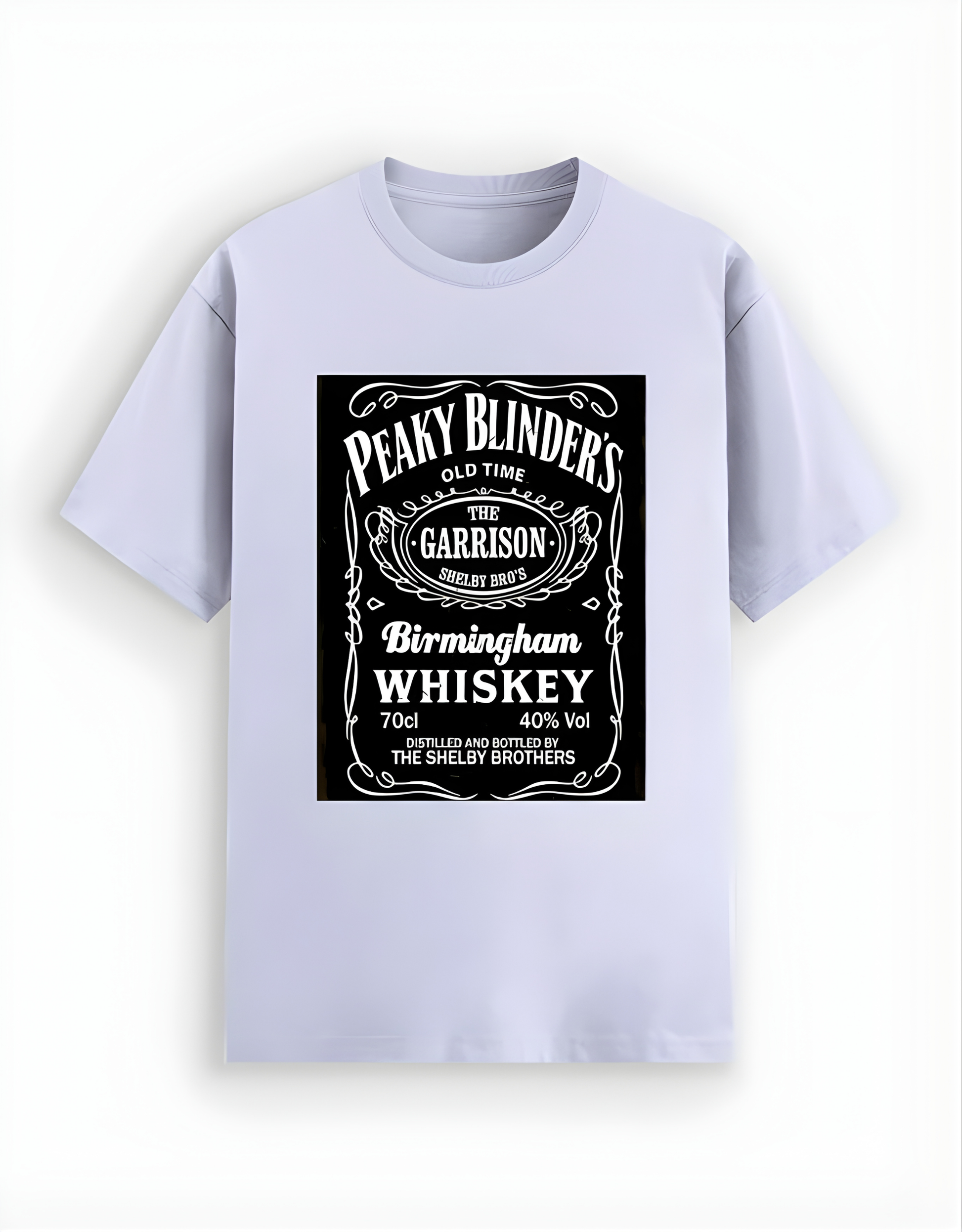 Light purple t-shirt with Peaky Blinders whiskey label design on a white background