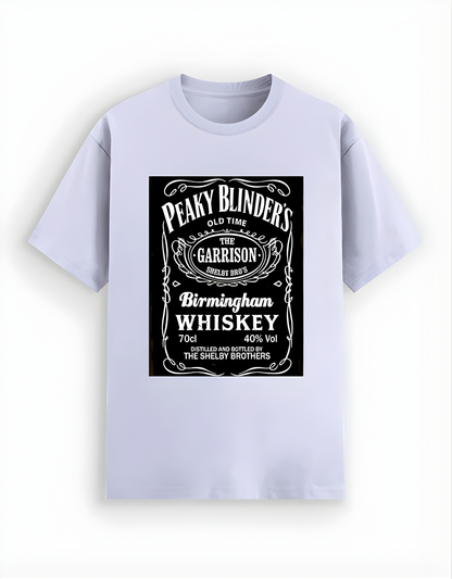 Light purple t-shirt with Peaky Blinders whiskey label design on a white background