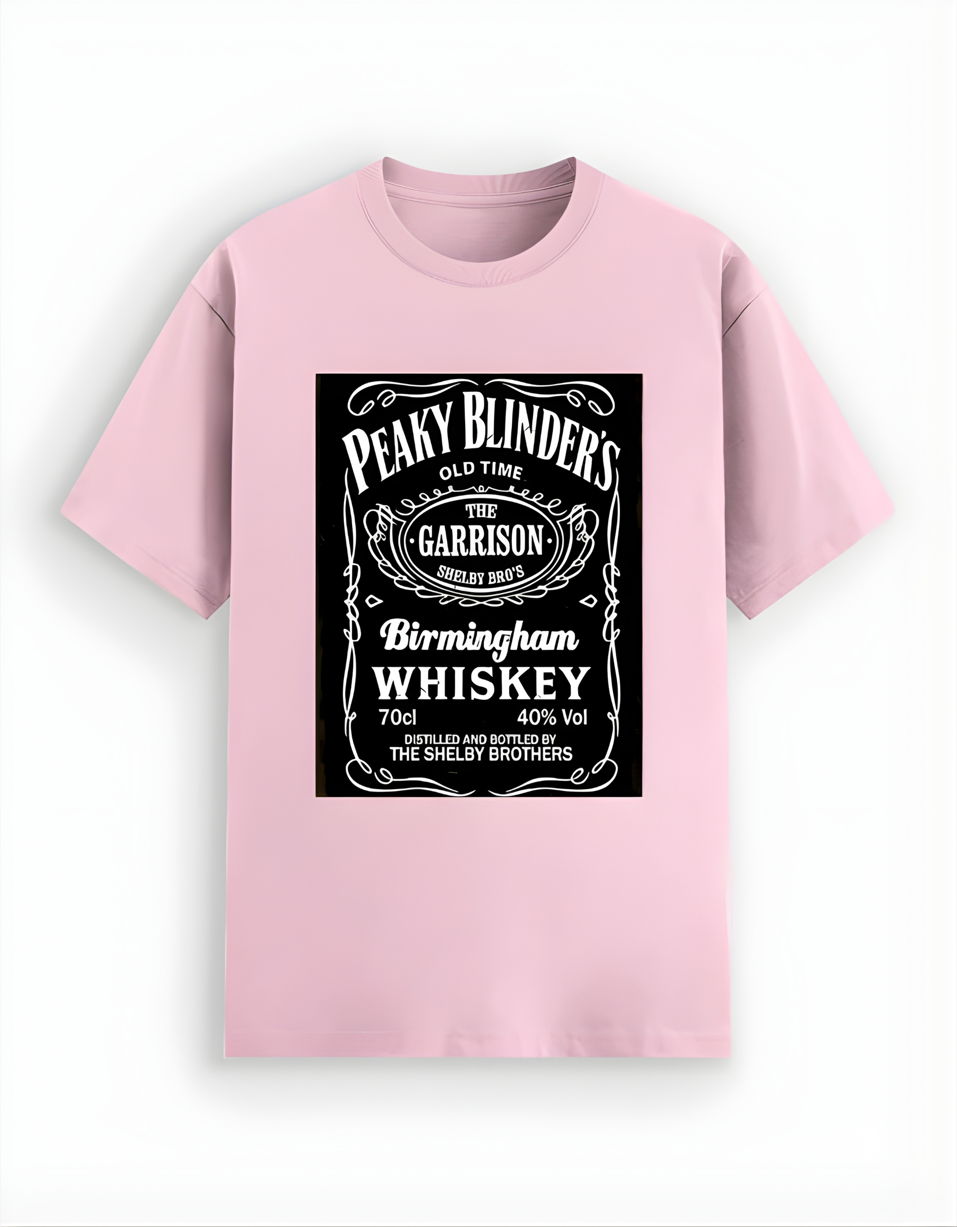 Pink t-shirt with Peaky Blinders whiskey label design on a white background