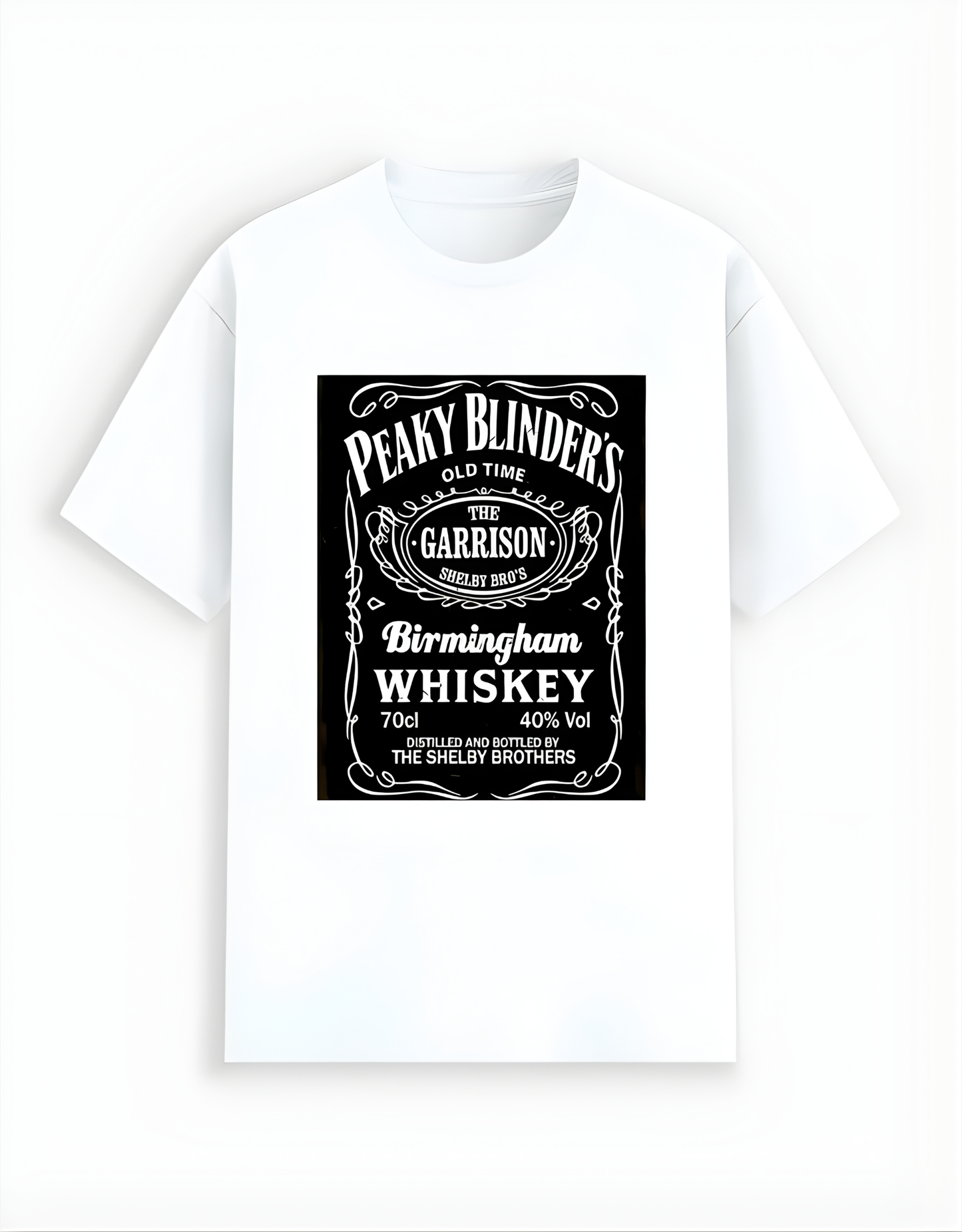 White t-shirt with Peaky Blinders whiskey label design on a white background