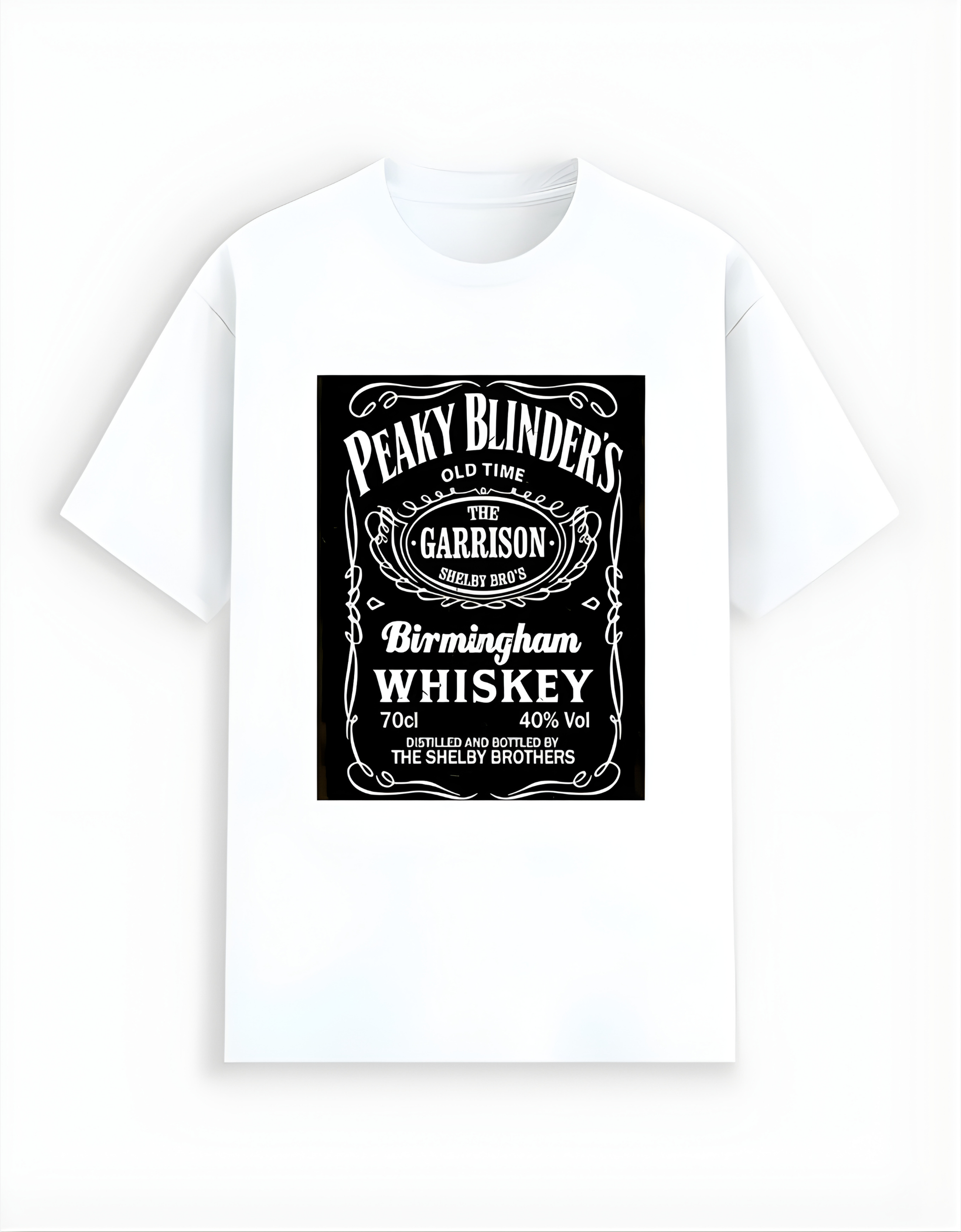 White t-shirt with Peaky Blinders whiskey label design on a white background