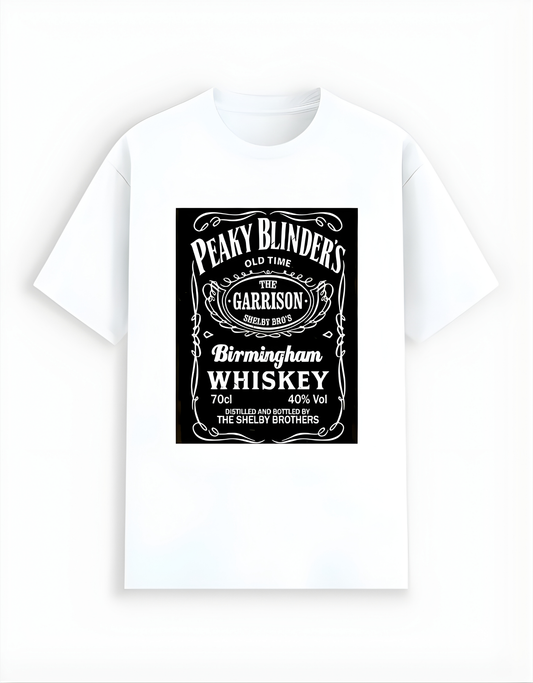 White t-shirt with Peaky Blinders whiskey label design on a white background