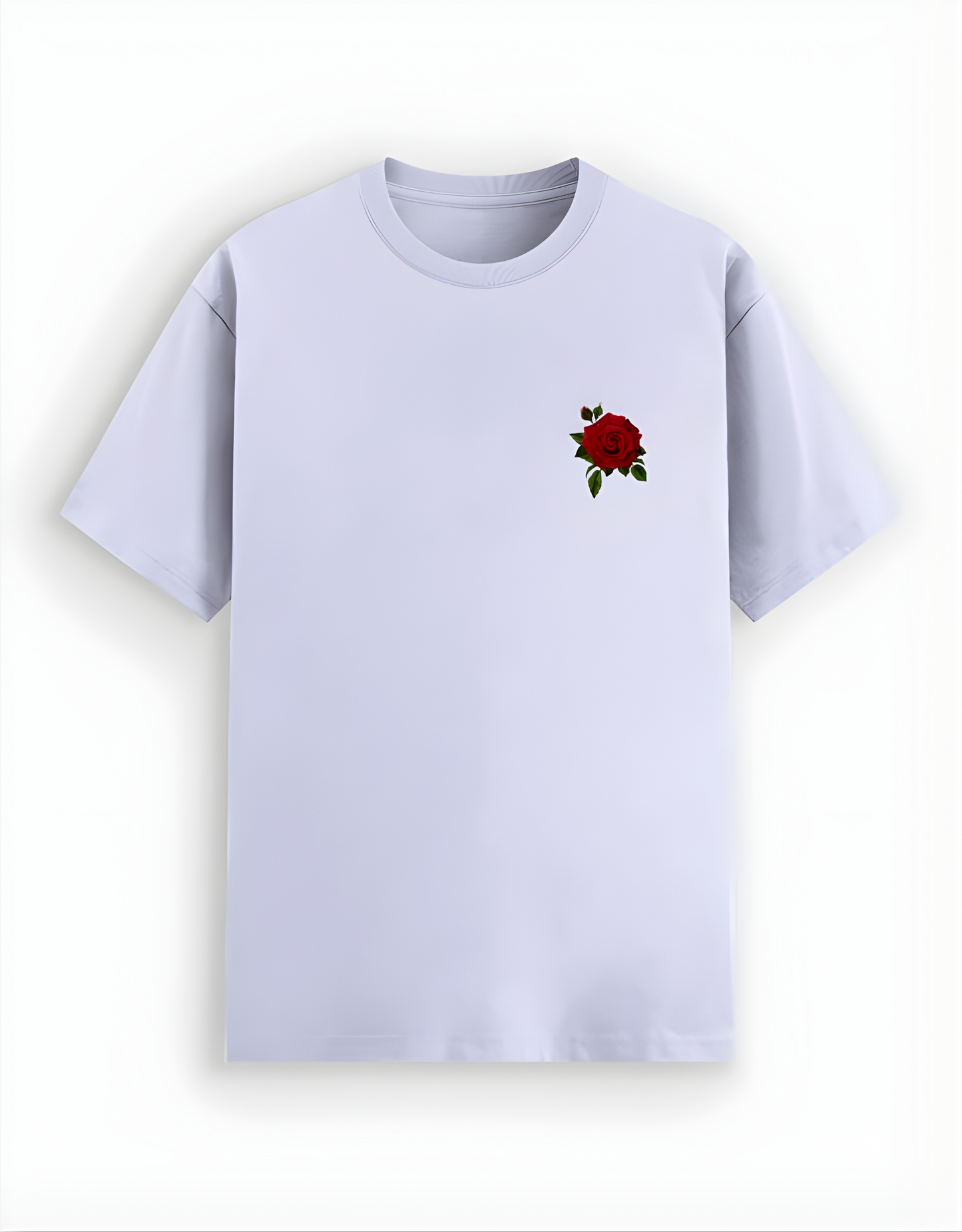 White t-shirt with a red rose design on a white background