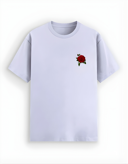 White t-shirt with a red rose design on a white background