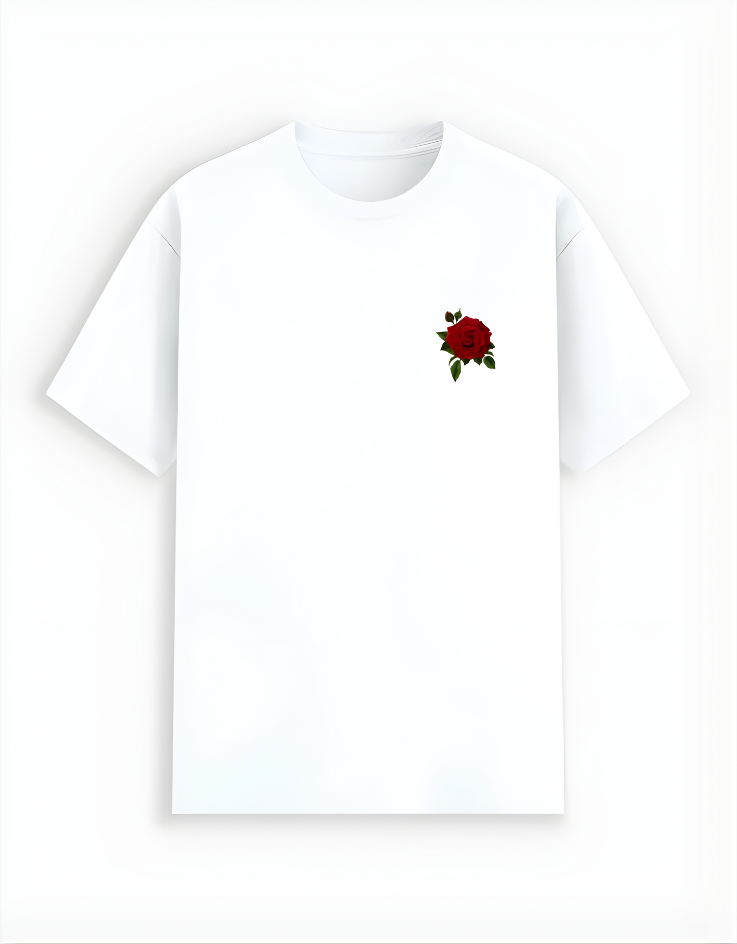 White t-shirt with a red rose emblem on a white background